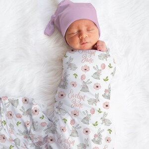 Custom Wildflower Rabbit Baby Name Blanket Personalized Bunny Swaddle Blanket New Mom Gift Newborn Gift Baby Shower Gift Toddler Blanket