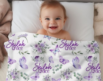 Purple Rose Personalized Blanket, Custom Butterfly Baby Blanket, Shower Gift, Rose Nursery Blanket, Crib Blanket, Newborn Photos Prop, Name