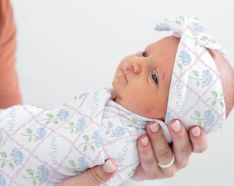BABY GIRL NAME Swaddle Set,Grandmillenial Nursery,Blue Hydrangea and Pink Ribbon,Personalized Toddler Girl Blanket,Granny Chic Nursery Decor