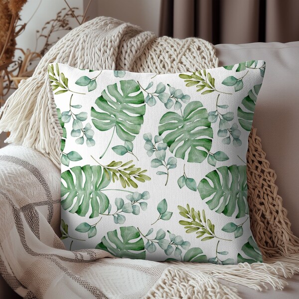 Monstera Throw Pillow Case, Watercolor Botanical Pillow, Monstera Albo, Tropical Home Decor, Coastal Aesthetic, Boho, Green Couch Cushion