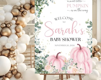 Pumpkin Baby Shower Welcome Sign, Pink and Gold Glitter Baby Shower, Fall Baby Shower Decorations, Little Pumpkin On the Way Baby Shower