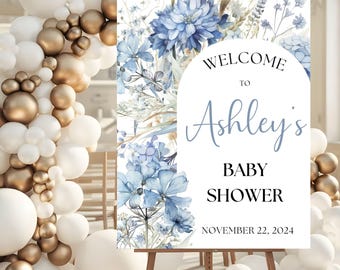 Boho Baby shower Welcome sign, Blue Wildflower, Baby In Bloom Welcome sign, Blue Boho Chic Baby Shower, Boy Baby Shower Sign, Foam Board
