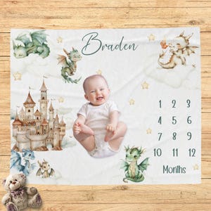 Manta Dragon Milestone, regalo personalizado de baby shower de dragón, manta personalizada, nuevo regalo para bebés, guardería de dragones, accesorio fotográfico