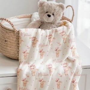 Custom Bunny Baby Name Blanket, Personalized Bunny Swaddle Blanket, Pink Baby Girl Blanket, Newborn Gift Baby Shower Gift Toddler Blanket