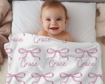 Manta personalizada con lazo rosa, manta para bebé Coquette, regalo para baby shower, manta para bebé niña, manta para cuna, accesorio para fotos de recién nacidos, Coquette