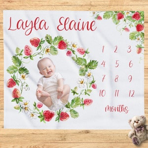 Manta de hito de fresa, regalo personalizado de baby shower de fresa, manta personalizada, nuevo regalo para bebés, guardería de fresas, accesorio fotográfico