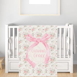 Manta personalizada con lazo rosa, manta de bebé personalizada, regalo de ducha, manta de guardería para niñas, manta de cuna, accesorios para fotos de recién nacidos, coqueta