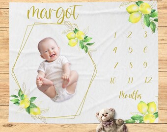 Lemon Milestone Blanket, Personalized Lemon Floral Newborn Baby Girl, Watercolor lemon Baby Shower Gift, Monthly Growth Blanket