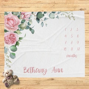 Manta Dusty Rose Milestone, regalo personalizado de baby shower de rosas, manta personalizada, nuevo regalo para bebés, guardería floral rosa, accesorio fotográfico