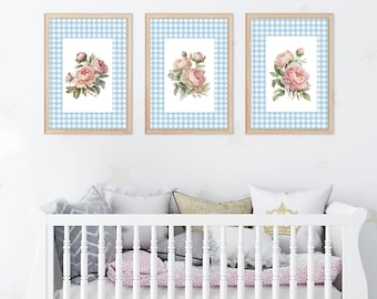 Dusty Rose Floral Nursery Prints, Blush Pink Nursery Decor, Set of 3 Prints,  Girl Nursery Decor, Wall Art, Pink Floral Garden Nursery