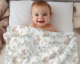 Bunny Personalized Blanket, Custom Rabbit Swaddle Set, Shower Gift, Woodland Nursery Blanket, Minky Throw