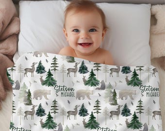 Hunting Swaddle, Woodland Baby Name Blanket, Personalized Swaddle Blanket, Deer Hunting Baby Blanket, Hunting Baby, Forest Animal Blanket