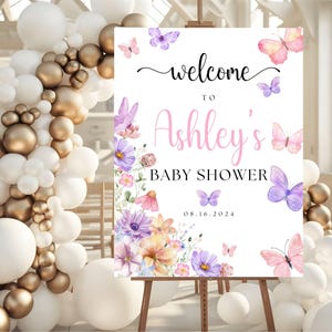 Butterfly Welcome Sign Printable, Butterfly Baby Shower Welcome Sign, Pink and Purple Butterflies Baby Shower Welcome Sign, Girl Baby Shower