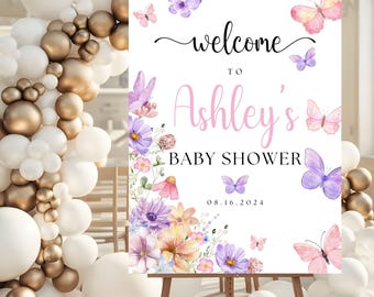 Butterfly Welcome Sign Printable, Butterfly Baby Shower Welcome Sign, Pink and Purple Butterflies Baby Shower Welcome Sign, Girl Baby Shower