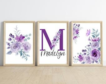 Set van 3 lavendelroze prints, paarse kunst aan de muur kinderkamer, bord babynaam, aangepast naambord, digitale download, botanisch decor, vlinder
