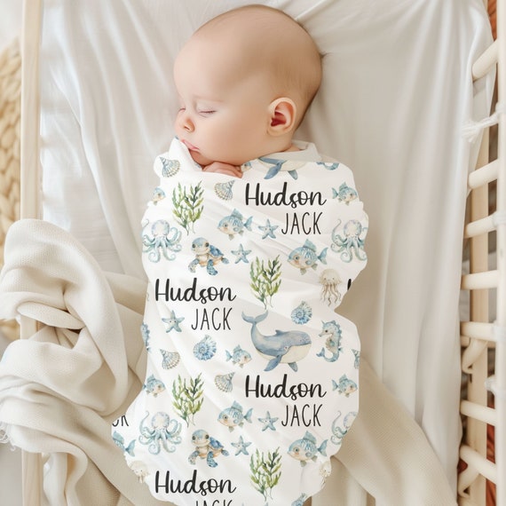BABY BOY OCEAN Blanket, Under the Sea Name Blanket Toddler Boy Birthday Gift, Whale Dolphin Blanket, Personalized Sea Animals Blanket