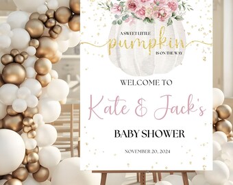 Pumpkin Baby Shower Welcome Sign, Pink and Gold Glitter Baby Shower, Fall Baby Shower Decorations, Little Pumpkin On the Way Baby Shower
