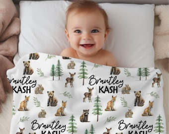 Personalized Woodland Animal Baby Name Custom Swaddle Gift Idea For Baby Boy, Newborn Baby Woodland Animal Swaddle Blanket Photo Prop, Deer