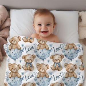 Personalized Teddy Bear Blanket, Baby Shower Gift, Custom Teddy Bear Nursery Decor, Blue Bow Coquette, Baby Boy Bear Blanket, Name Blanket