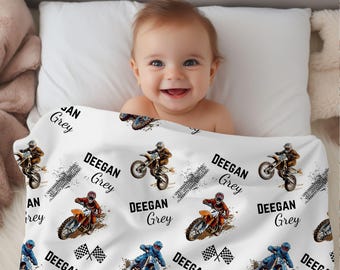 Custom Motocross Baby Name Blanket, Personalized Baby Boy Dirt Bike Swaddle, New Mom Gift, Newborn Gift, Motorcycle Baby Shower Gift