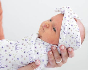 Violet Flowers Swaddle Set, Violet Flowers Swaddle, Personalized Baby Blanket, Purple Violet Blanket, Violet Baby Shower Gift,Newborn Photos