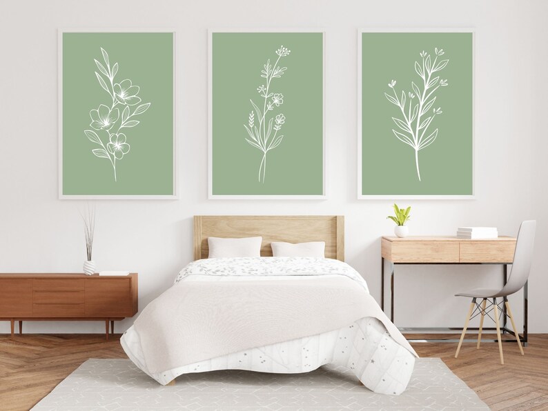 Botanical Wall Art Set of 3, Minimalist Line Art Print, Sage Green ...