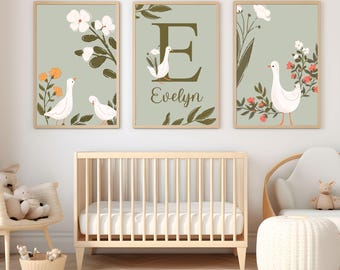 Silly Goose Prints| Goose nursery Wall Art, Boho, Baby girl Nursery Wall Art| Watercolor flowers| Personalized name sign Initial,Cottagecore