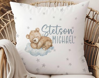 Teddy Bear Custom Name Pillow, Bear Nursery Decor, Gift for Nursery, Baby Gift for Boys, Personalized Gift for Boys, Monogram Pillow