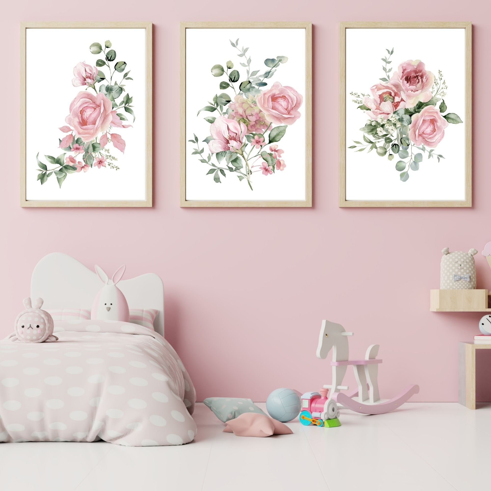 Dusty Rose Floral Nursery Prints, Blush Pink Nursery Decor, Set of 3 ...