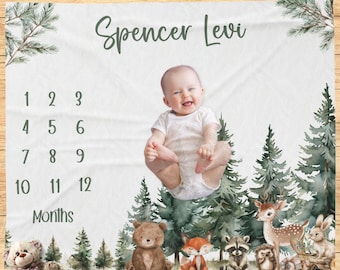 Woodland mijlpaaldeken, genderneutraal maandelijks babydeken, bosdierdeken, babyshowercadeau, cadeau pasgeborene, maanddeken