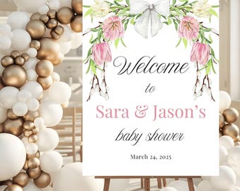 Baby in Bloom Baby Shower Welcome Sign, Floral Baby Shower Sign, Pink Flowers Baby Shower Welcome Poster, Blush Rose Baby Shower Decor