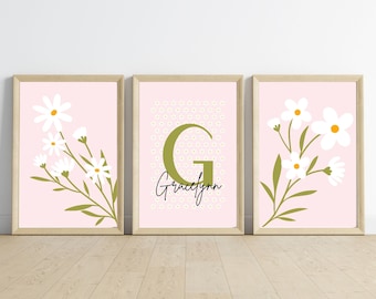 Daisy print set of 3, Pink whimsical nursery wall art, baby name sign, custom name sign, boho digital download, cottagecore decor Sage Green