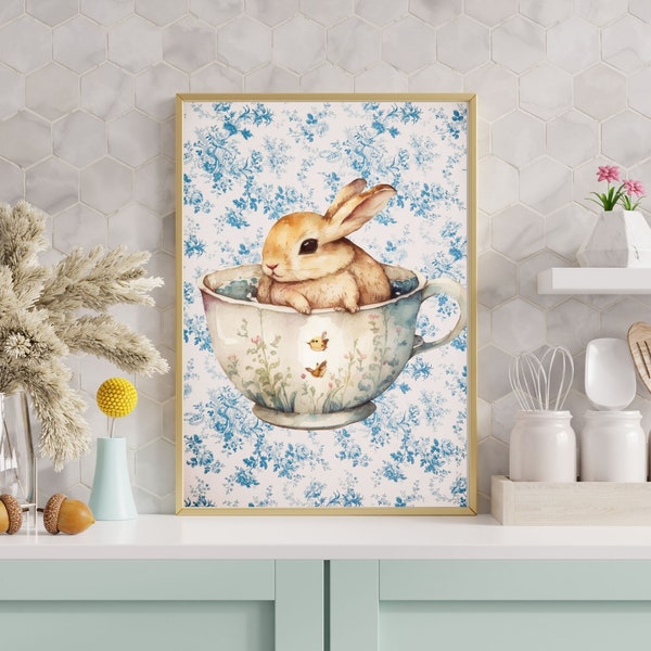 Easter Bunny Teacup Wall Art on Blue Toile Background, Watercolor Floral Print, Printable, Wall Decor for Kitchen, Living Room, Gift for Her