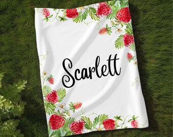 Strawberry Swaddle Set, Personalized Strawberry Baby Blanket, Cottagecore Swaddle Blanket, New Baby Gift, Strawberry Nursery
