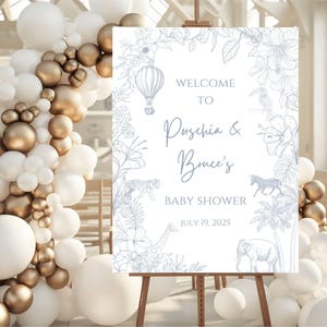 Safari Toile De Jouy Baby Shower Welcome Sign, Dusty Blue Safari Baby Shower Decorations, Chinoiserie Baby Shower Foam Board, Jungle Baby