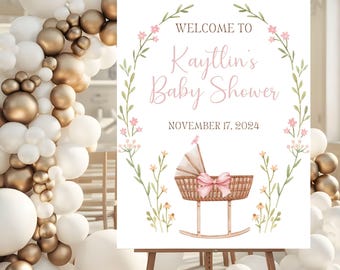 Baby in Bloom Baby Shower Welcome Sign, Boho Baby Shower Sign, Pink Flowers Baby Shower Welcome Poster, Wildflower Baby Shower Decor