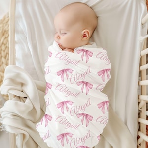 Manta personalizada con lazo rosa, manta de bebé personalizada, regalo de ducha, manta de guardería para niñas, manta de cuna, accesorios para fotos de recién nacidos, coqueta