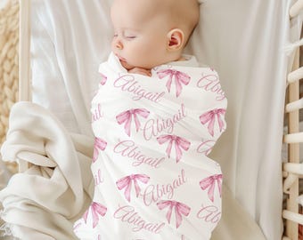 Manta personalizada con lazo rosa, manta de bebé personalizada, regalo de ducha, manta de guardería para niñas, manta de cuna, accesorios para fotos de recién nacidos, coqueta