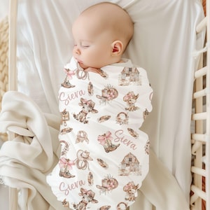 Cowgirl Name Swaddle, Custom Floral Girl Name Blanket, Personalized Baby Cowboy Hat & Boots Swaddle, Western Name Blanket, Pink Bow Coquette