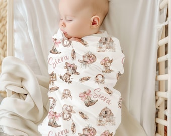 Cowgirl Name Swaddle, Custom Floral Girl Name Blanket, Personalized Baby Cowboy Hat & Boots Swaddle, Western Name Blanket, Pink Bow Coquette