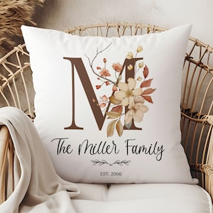 Boho Floral Monogram Pillow, Custom Name Pillow, Cottagecore Decor, Established Date, Housewarming for Couples, Personalized Wedding Gift