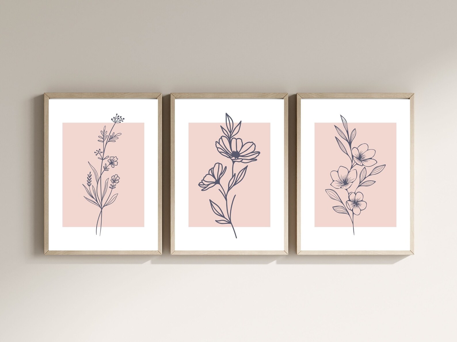 Botanical Wall Art Set of 3, Minimalist Line Art Print, Blush Pink and ...
