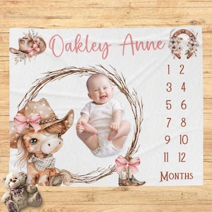 Cowgirl mijlpaaldeken, western deken met roze strik, leeftijddeken pasgeboren meisje, baby deken van maand tot maand, aangepaste deken eerste jaar meisje