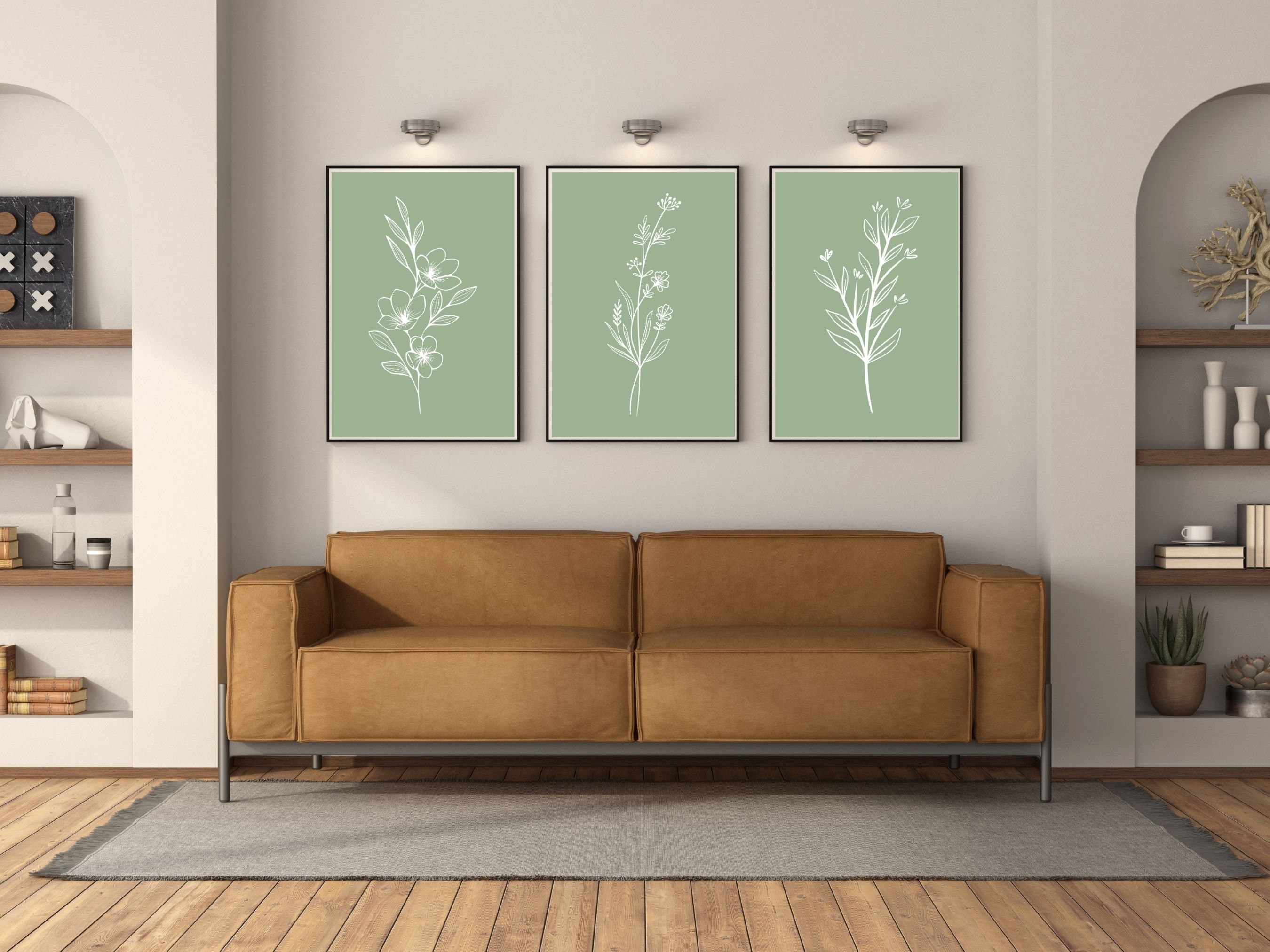 Botanical Wall Art Set of 3, Minimalist Line Art Print, Sage Green ...