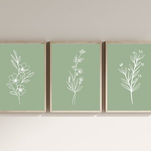 Botanical Wall Art Set of 3, Minimalist Line Art Print, Sage Green ...