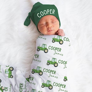 Green Tractor PERSONALIZED Swaddle Baby Blanket Hat - Green Trucks Farm Baby Shower Gift Baby Boy Coming Home Outfit Custom Baby Blanket