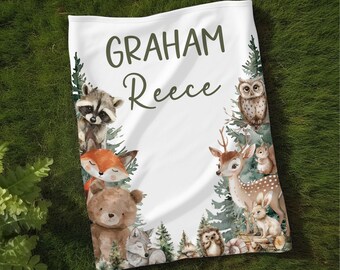 Woodland Nursery, Woodland Baby Name Blanket, Personalized Swaddle Blanket, Deer Bear Baby Blanket, Hunting Baby, Forest Animal Blanket