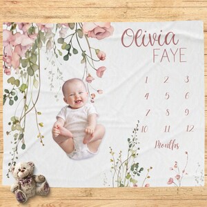 GEPERSONALISEERDE WILDE BLOEMEN baby meisje mijlpaal deken, pasgeboren meisje leeftijd deken, baby deken van maand tot maand, aangepaste deken meisje eerste jaar