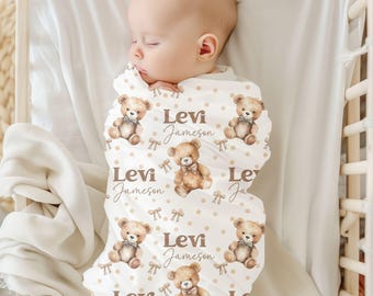 Personalized Teddy Bear Blanket, Baby Shower Gift, Custom Teddy Bear Nursery Decor, Bow Coquette, Baby Boy Bear Blanket, Name Blanket