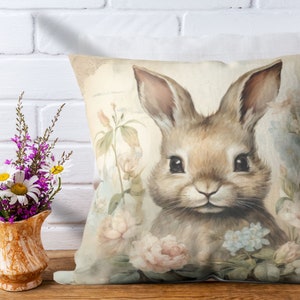 Easter Bunny Pillow - Cottage Core | Muted Floral Pink and White | Decorative Pillows, Easter Pillows, Bunny Pillows | Insert Included